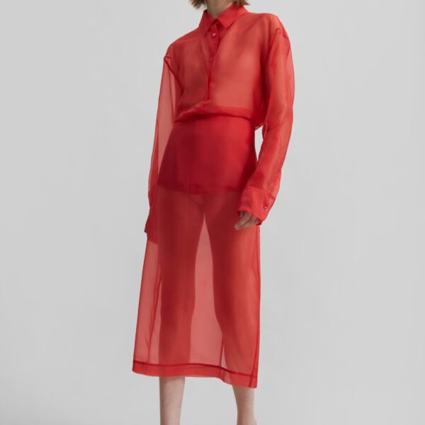 The Frankie Shop Peri Sheer Shirt - Red - Oversized Minimalist Tops in Red - Shop at Coveti