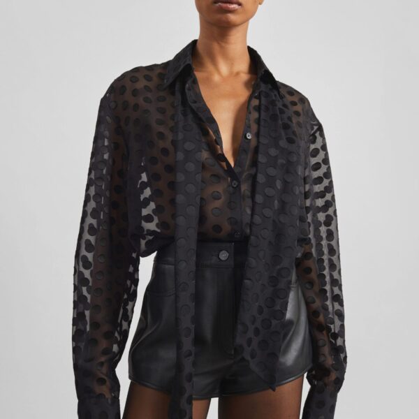 The Frankie Shop Peri Sheer Tie-Neck Shirt - Black Polka Dot - Oversized Minimalist Tops in Multicolour - Shop at Coveti