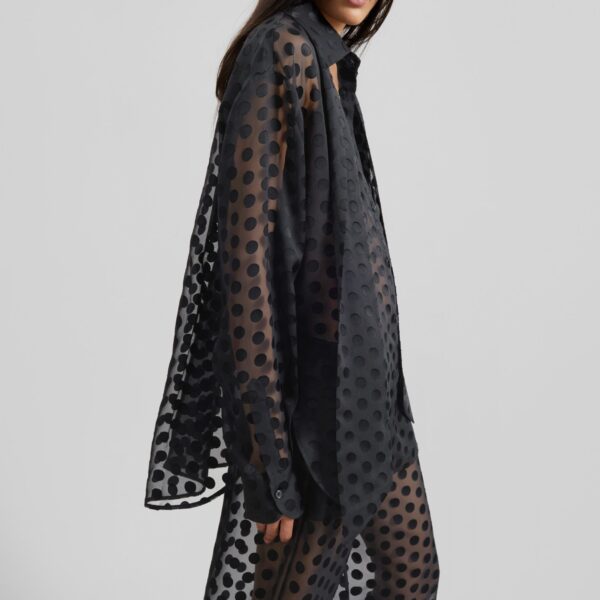 The Frankie Shop Peri Sheer Tie-Neck Shirt - Black Polka Dot - Oversized Minimalist Tops in Multicolour - Shop at Coveti