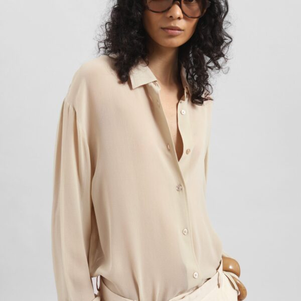 The Frankie Shop Peri Silk Georgette Shirt - Beige - Oversized Minimalist Tops in Beige - Shop at Coveti