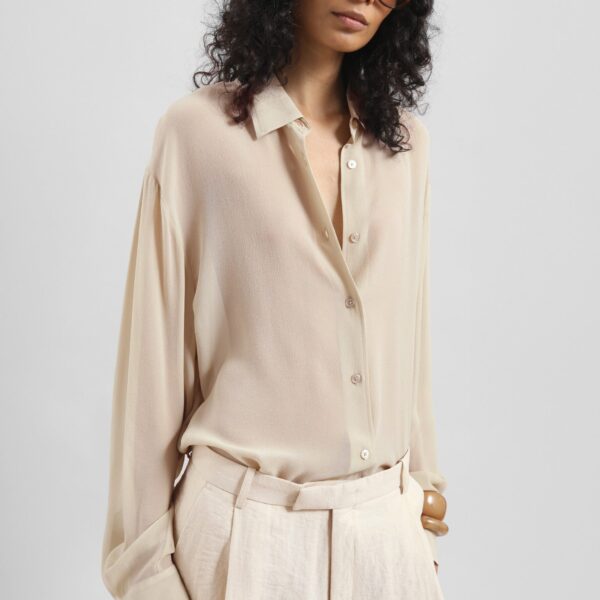 The Frankie Shop Peri Silk Georgette Shirt - Beige - Oversized Minimalist Tops in Beige - Shop at Coveti