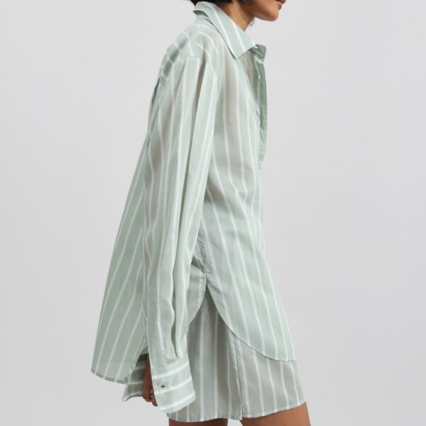 The Frankie Shop Peri Silk Shirt - Green Stripe - Oversized Minimalist Tops in Multicolour - Shop at Coveti