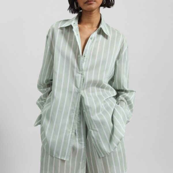 The Frankie Shop Peri Silk Shirt - Green Stripe - Oversized Minimalist Tops in Multicolour - Shop at Coveti