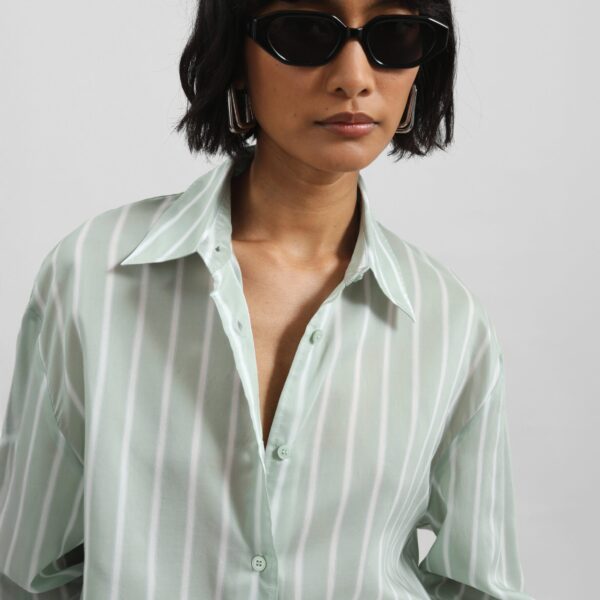 The Frankie Shop Peri Silk Shirt - Green Stripe - Oversized Minimalist Tops in Multicolour - Shop at Coveti