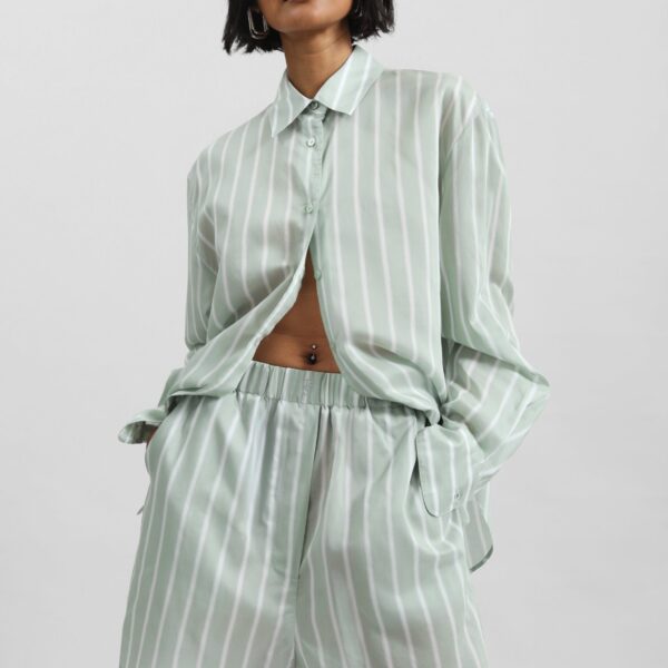 The Frankie Shop Peri Silk Shirt - Green Stripe - Oversized Minimalist Tops in Multicolour - Shop at Coveti
