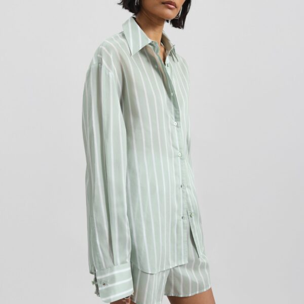 The Frankie Shop Peri Silk Shirt - Green Stripe - Oversized Minimalist Tops in Multicolour - Shop at Coveti