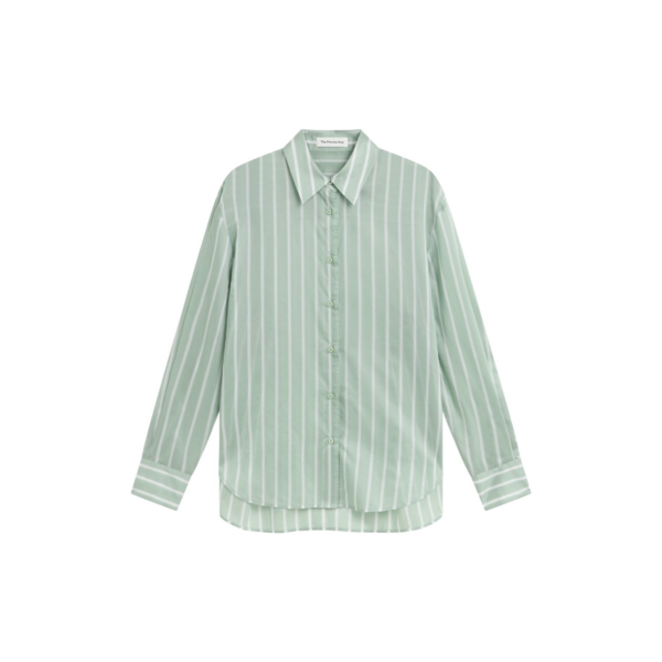 The Frankie Shop Peri Silk Shirt - Green Stripe - Oversized Minimalist Tops in Multicolour - Shop at Coveti