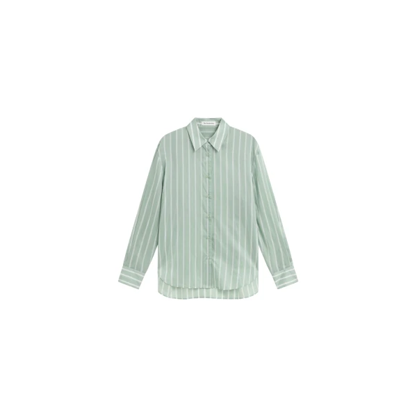 The Frankie Shop Peri Silk Shirt - Green Stripe - Oversized Minimalist Tops in Multicolour - Shop at Coveti