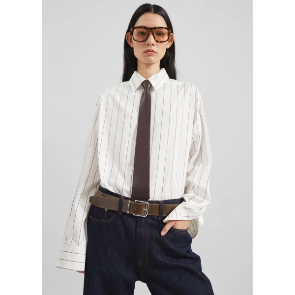 The Frankie Shop Peri Striped Cotton Shirt – White/Brown Stripe, view 2