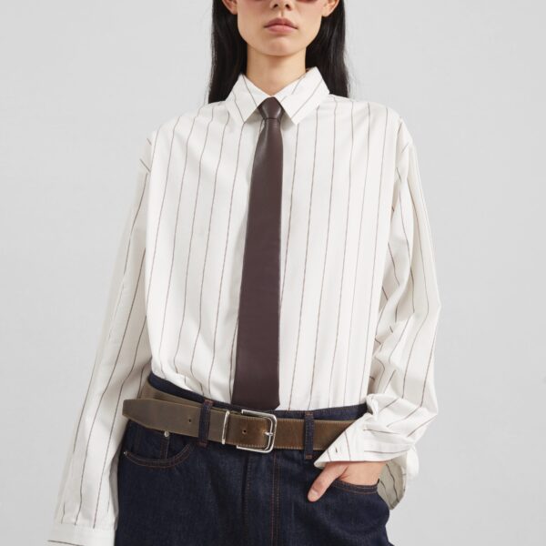The Frankie Shop Peri Striped Cotton Shirt - White/Brown Stripe - Oversized Minimalist Tops in Multicolour - Shop at Coveti