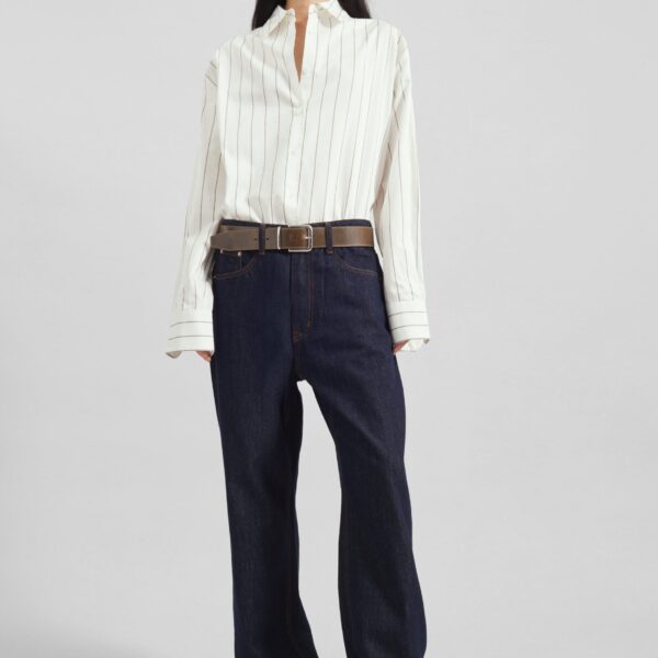 The Frankie Shop Peri Striped Cotton Shirt - White/Brown Stripe - Oversized Minimalist Tops in Multicolour - Shop at Coveti