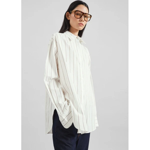 The Frankie Shop Peri Striped Cotton Shirt – White/Brown Stripe, view 5