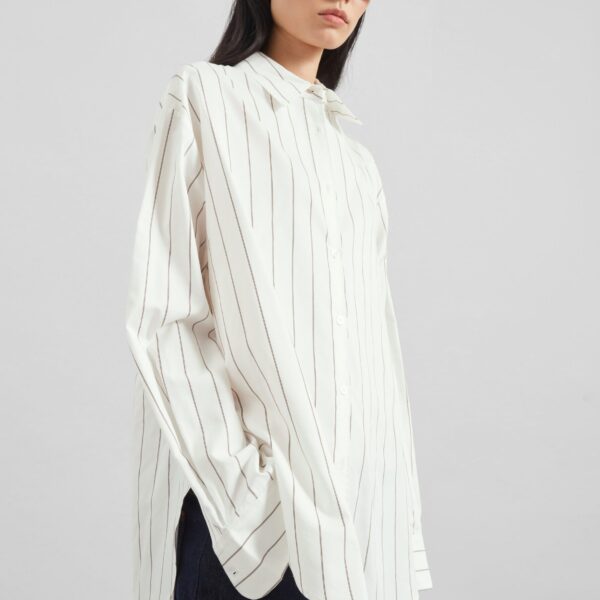 The Frankie Shop Peri Striped Cotton Shirt - White/Brown Stripe - Oversized Minimalist Tops in Multicolour - Shop at Coveti