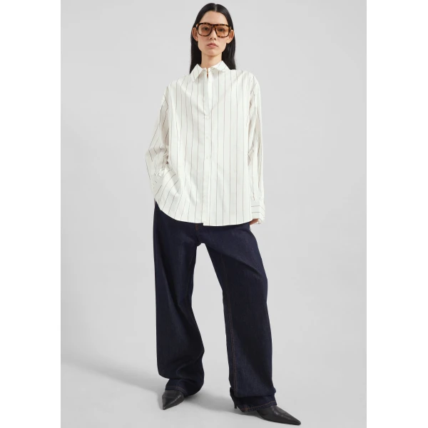 The Frankie Shop Peri Striped Cotton Shirt – White/Brown Stripe, view 6