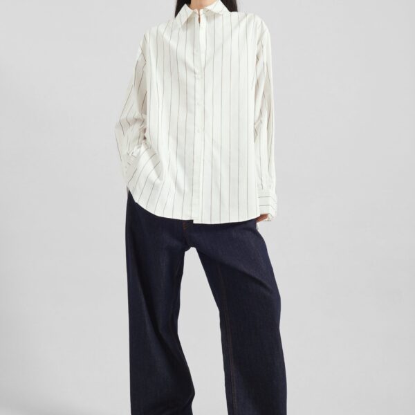The Frankie Shop Peri Striped Cotton Shirt - White/Brown Stripe - Oversized Minimalist Tops in Multicolour - Shop at Coveti