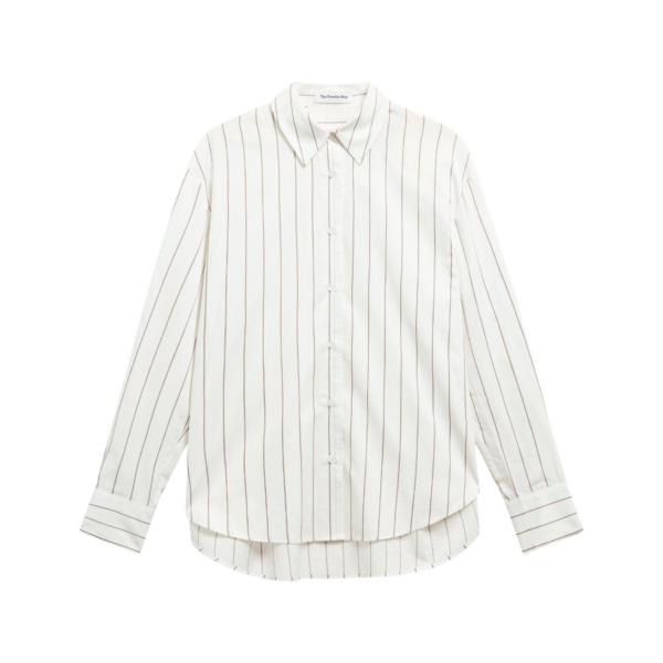 The Frankie Shop Peri Striped Cotton Shirt - White/Brown Stripe - Oversized Minimalist Tops in Multicolour - Shop at Coveti