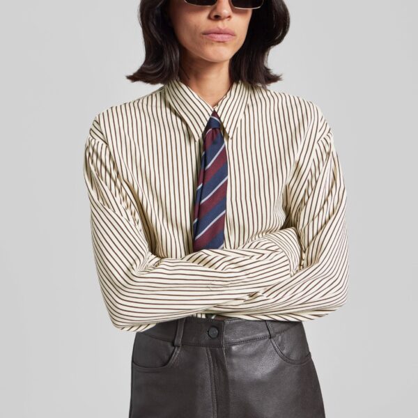 The Frankie Shop Peri Striped Fluid Shirt - Beige/Brown - Oversized Minimalist Tops in Beige - Shop at Coveti