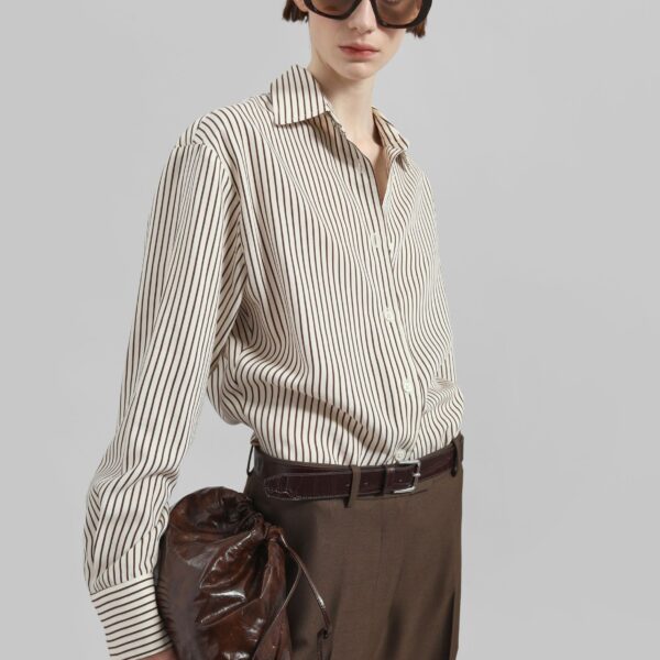 The Frankie Shop Peri Striped Fluid Shirt - Beige/Brown - Oversized Minimalist Tops in Beige - Shop at Coveti