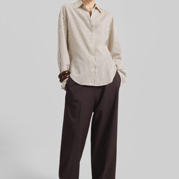 The Frankie Shop Peri Striped Fluid Shirt - Beige/Brown - Oversized Minimalist Tops in Beige - Shop at Coveti