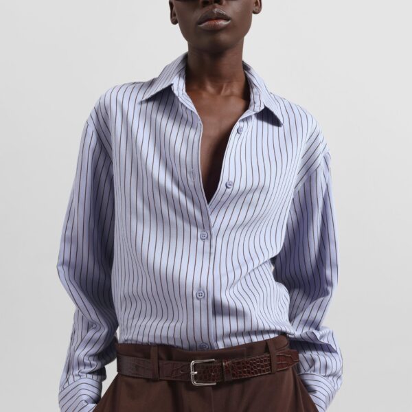 The Frankie Shop Peri Striped Fluid Shirt - Blue/Brown - Oversized Minimalist Tops in Multicolour - Shop at Coveti