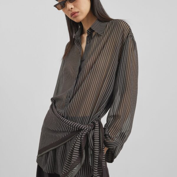 The Frankie Shop Peri Striped Shirt - Brown/White Stripe - Oversized Minimalist Tops in Multicolour - Shop at Coveti
