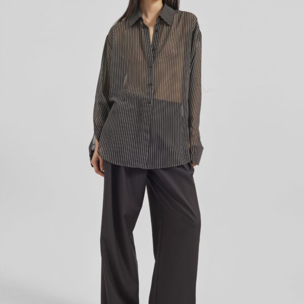 The Frankie Shop Peri Striped Shirt - Brown/White Stripe - Oversized Minimalist Tops in Multicolour - Shop at Coveti