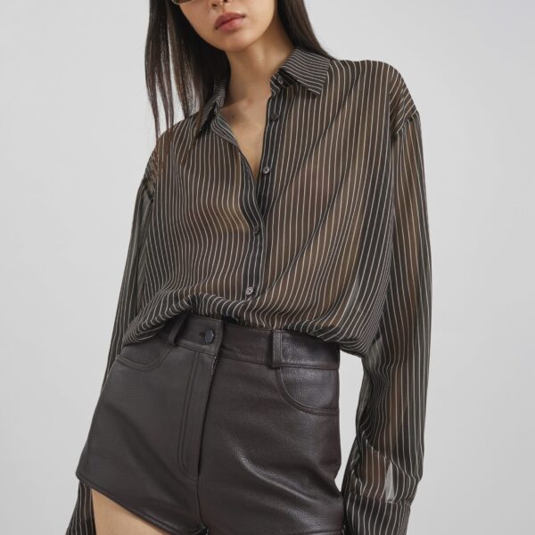 The Frankie Shop Peri Striped Shirt - Brown/White Stripe - Oversized Minimalist Tops in Multicolour - Shop at Coveti