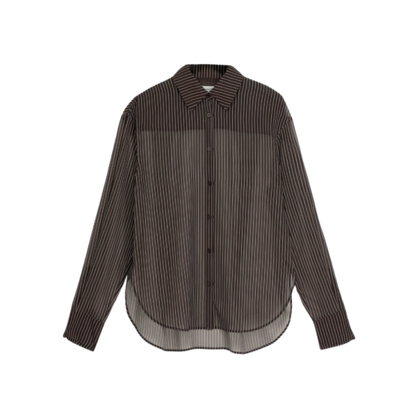 The Frankie Shop Peri Striped Shirt - Brown/White Stripe - Oversized Minimalist Tops in Multicolour - Shop at Coveti