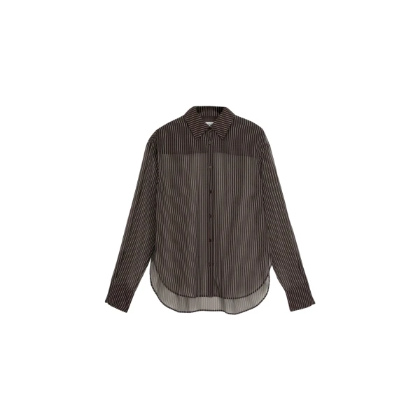The Frankie Shop Peri Striped Shirt - Brown/White Stripe - Oversized Minimalist Tops in Multicolour - Shop at Coveti