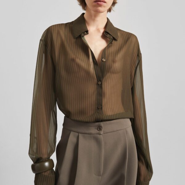 The Frankie Shop Peri Striped Shirt - Olive/Black Stripe - Oversized Minimalist Tops in Multicolour - Shop at Coveti