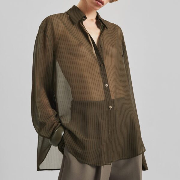 The Frankie Shop Peri Striped Shirt - Olive/Black Stripe - Oversized Minimalist Tops in Multicolour - Shop at Coveti