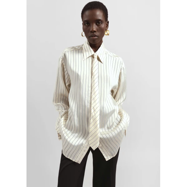 The Frankie Shop Peri Striped Silk Shirt – Cream/Navy Stripe, view 2