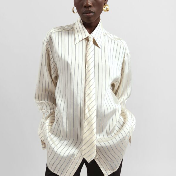 The Frankie Shop Peri Striped Silk Shirt - Cream/Navy Stripe - Oversized Minimalist Tops in Multicolour - Shop at Coveti