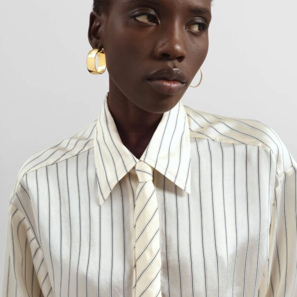 The Frankie Shop Peri Striped Silk Shirt - Cream/Navy Stripe - Oversized Minimalist Tops in Multicolour - Shop at Coveti