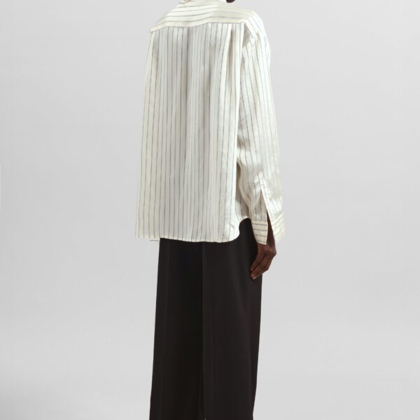 The Frankie Shop Peri Striped Silk Shirt - Cream/Navy Stripe - Oversized Minimalist Tops in Multicolour - Shop at Coveti