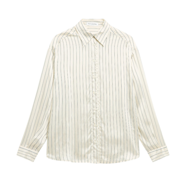 The Frankie Shop Peri Striped Silk Shirt - Cream/Navy Stripe - Oversized Minimalist Tops in Multicolour - Shop at Coveti