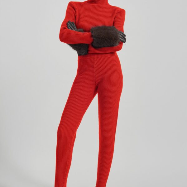 The Frankie Shop Piuma Knit Stirrup Leggings - Red - Oversized Minimalist Pants in Red - Shop at Coveti