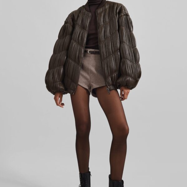 The Frankie Shop Pleated Bomber Jacket - Chocolate Brown - Oversized Minimalist Jackets in Beige - Shop at Coveti