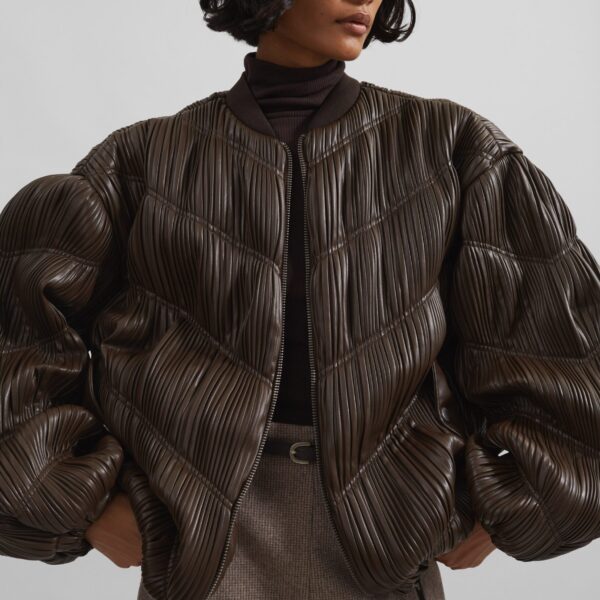 The Frankie Shop Pleated Bomber Jacket - Chocolate Brown - Oversized Minimalist Jackets in Beige - Shop at Coveti
