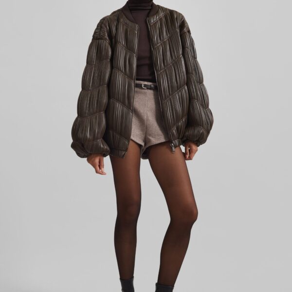 The Frankie Shop Pleated Bomber Jacket - Chocolate Brown - Oversized Minimalist Jackets in Beige - Shop at Coveti