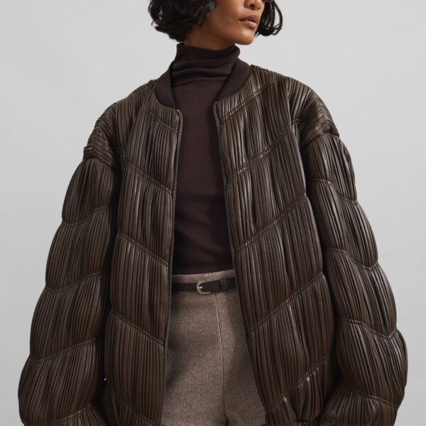 The Frankie Shop Pleated Bomber Jacket - Chocolate Brown - Oversized Minimalist Jackets in Beige - Shop at Coveti