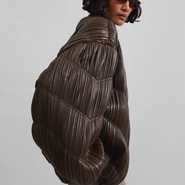 The Frankie Shop Pleated Bomber Jacket - Chocolate Brown - Oversized Minimalist Jackets in Beige - Shop at Coveti