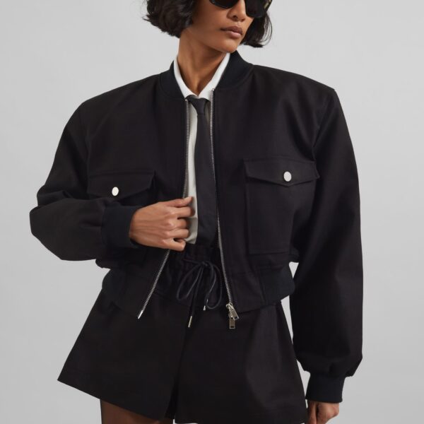 The Frankie Shop Pomona Crop Bomber Jacket - Black - Oversized Minimalist Jackets in Black - Shop at Coveti