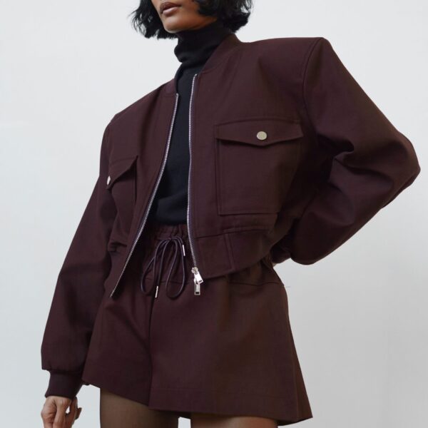 The Frankie Shop Pomona Crop Bomber Jacket - Burgundy - Oversized Minimalist Jackets in Red - Shop at Coveti