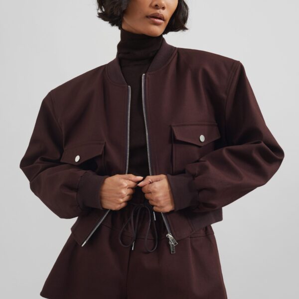 The Frankie Shop Pomona Crop Bomber Jacket - Burgundy - Oversized Minimalist Jackets in Red - Shop at Coveti