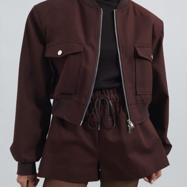 The Frankie Shop Pomona Crop Bomber Jacket - Burgundy - Oversized Minimalist Jackets in Red - Shop at Coveti