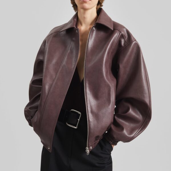 The Frankie Shop Prescott Faux Leather Jacket - Burgundy - Oversized Minimalist Jackets in Red - Shop at Coveti