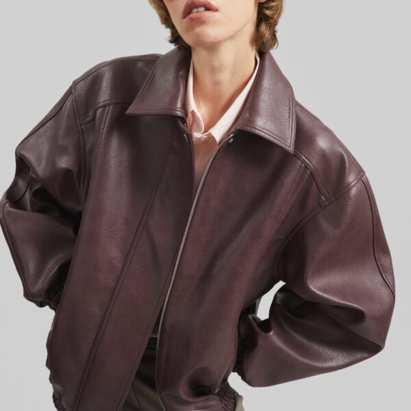 The Frankie Shop Prescott Faux Leather Jacket - Burgundy - Oversized Minimalist Jackets in Red - Shop at Coveti