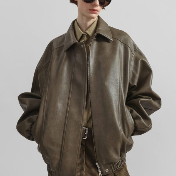 The Frankie Shop Prescott Faux Leather Jacket - Moss Green - Oversized Minimalist Jackets in Green - Shop at Coveti