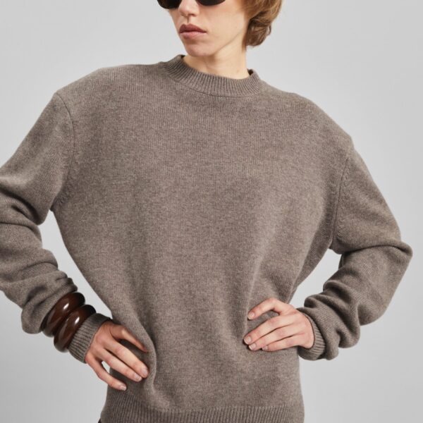 The Frankie Shop Rafaela Padded Knit Sweater - Dark Taupe - Oversized Minimalist Knitwear in Beige - Shop at Coveti